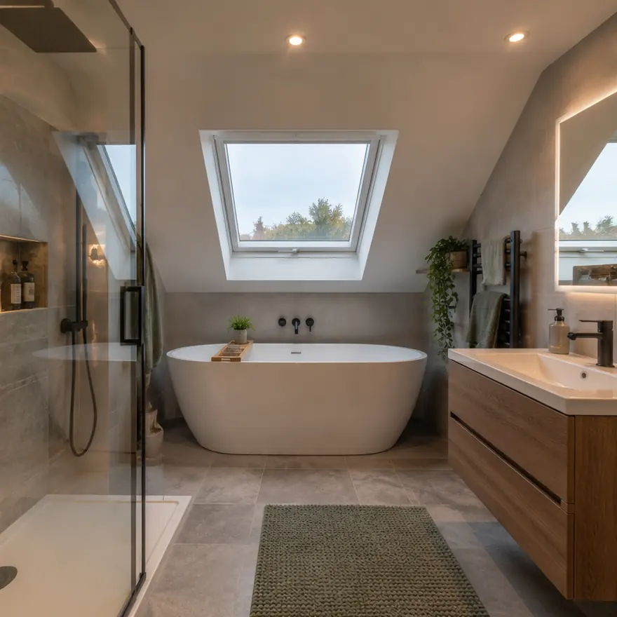 The finished loft bathroom with a freestanding bath
