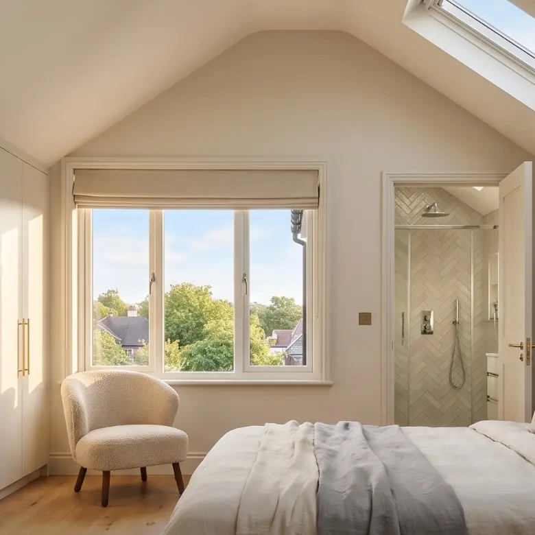 A finished loft bedroom with a roof window and fitted wardrobes